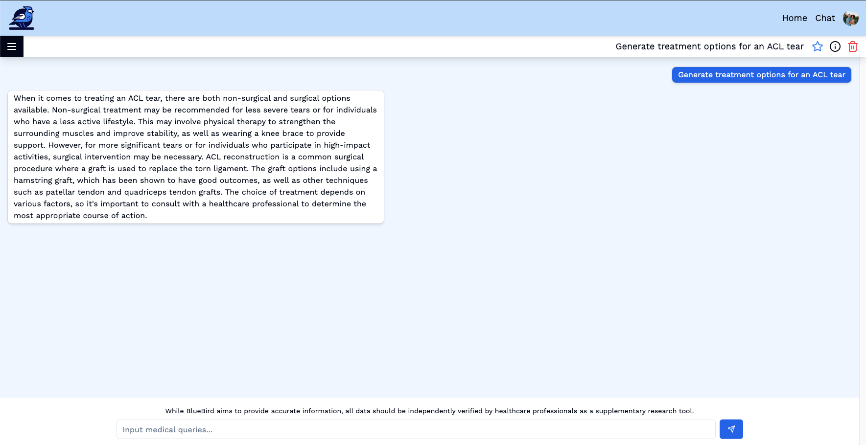 Screenshot of app with a chatbot conversation regarding ACL tear treatments